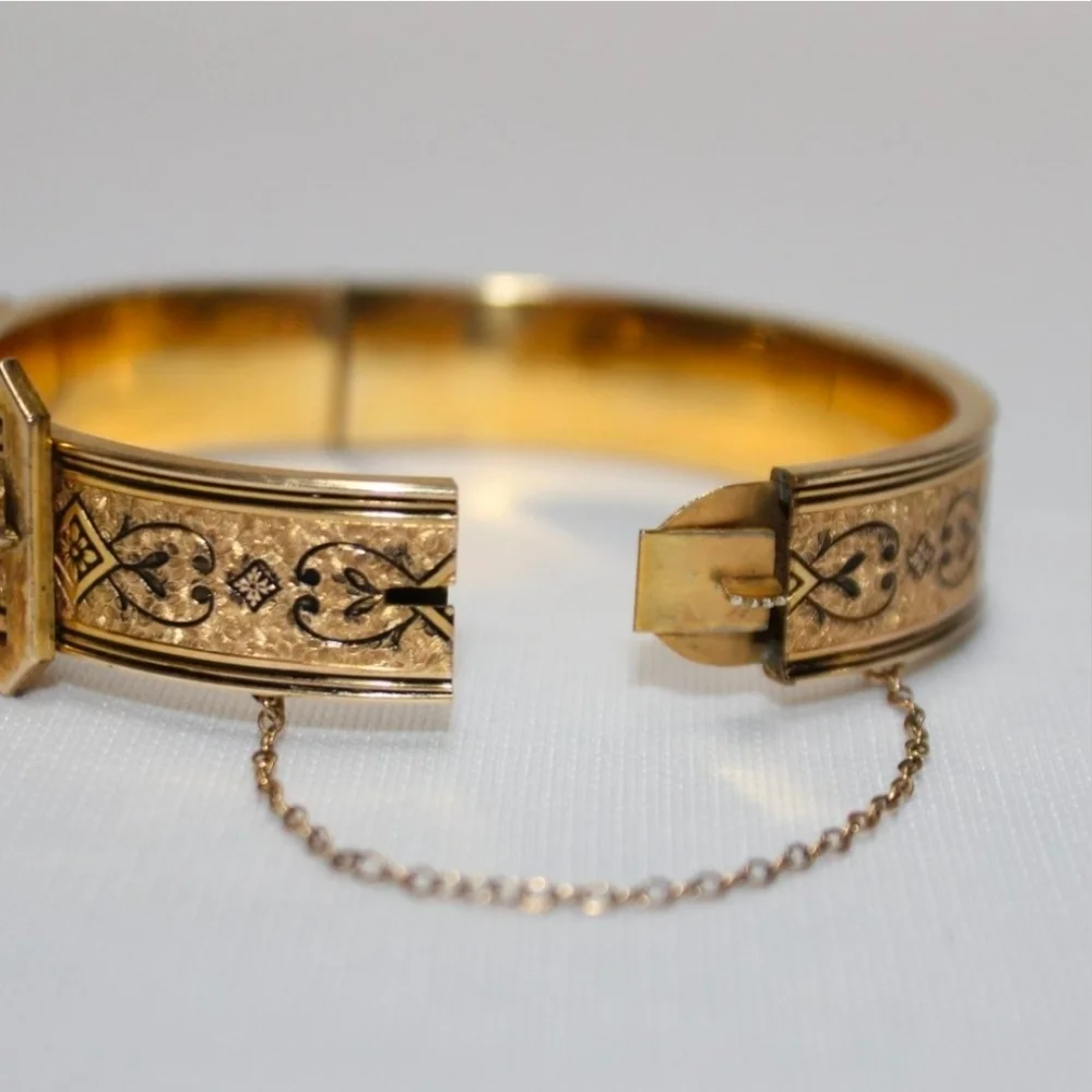 Antique Victorian 10K Gold Filled Enamel Taille D'Epargne Buckle Bangle Bracelet - Picture 5 of 8